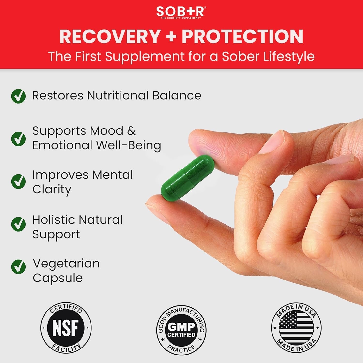 SOB+R Natural Drug Recovery Supplement | Alcohol Craving Blocker for Addiction Support | Restores Nutrients, Boost Mental Clarity | Vegetarian Capsules - Therapist Formulated, Made in USA | 30 Count