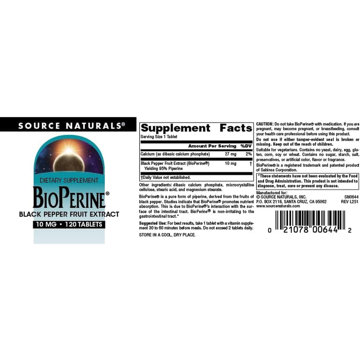 Source Naturals Bioperine - Black Pepper Fruit Extract, Promotes Nutrient Absorption* 10 Mg, 120 Tablets