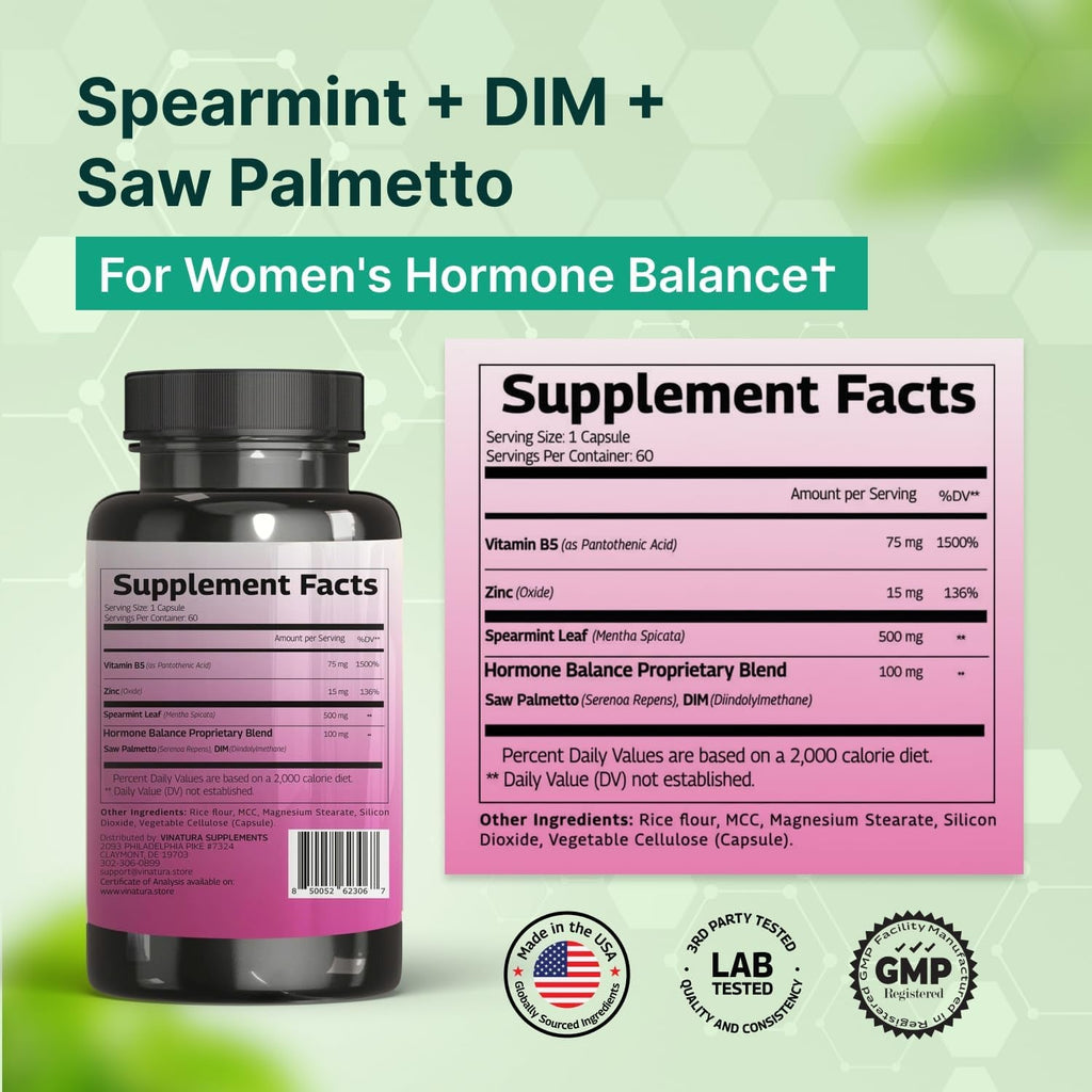 VINATURA Spearmint Capsules Supplement - Spearmint Leaf Extract Enhanced with DIM & Saw Palmetto, for Unwanted Hair, Women Health & Skin, USA Made & Tested, 60 Capsules