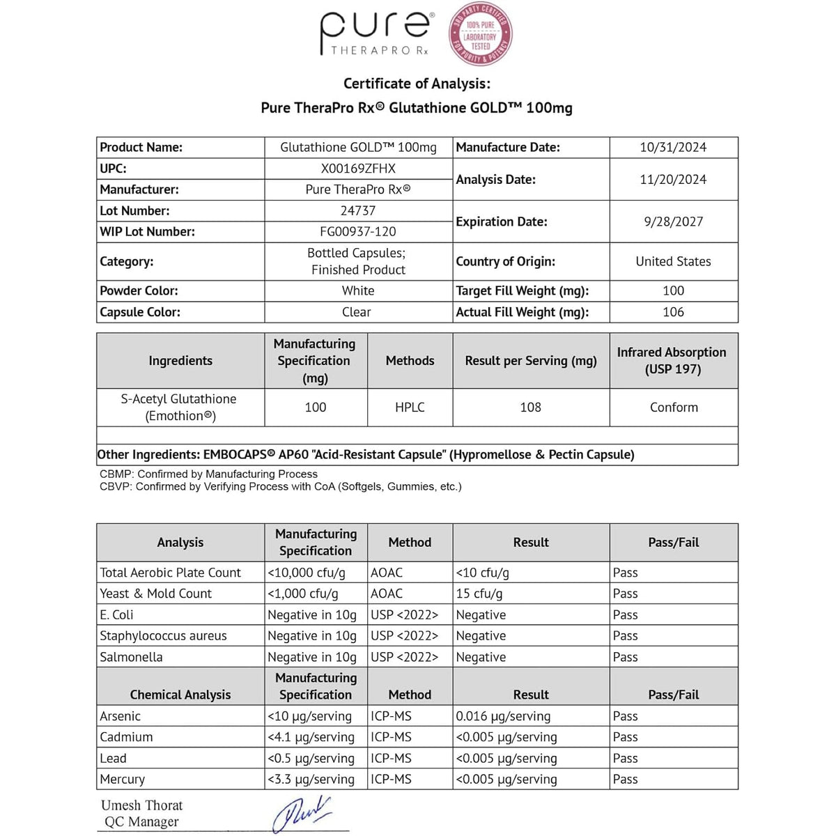 Pure Therapro Rx S-Acetyl Glutathione Gold 100Mg, Made in USA - 4 Month Supply | Acid Resistant Capsules | Patented Acetylated Form of Glutathione | Zero Fillers, Pharmaceutical Grade, Non GMO