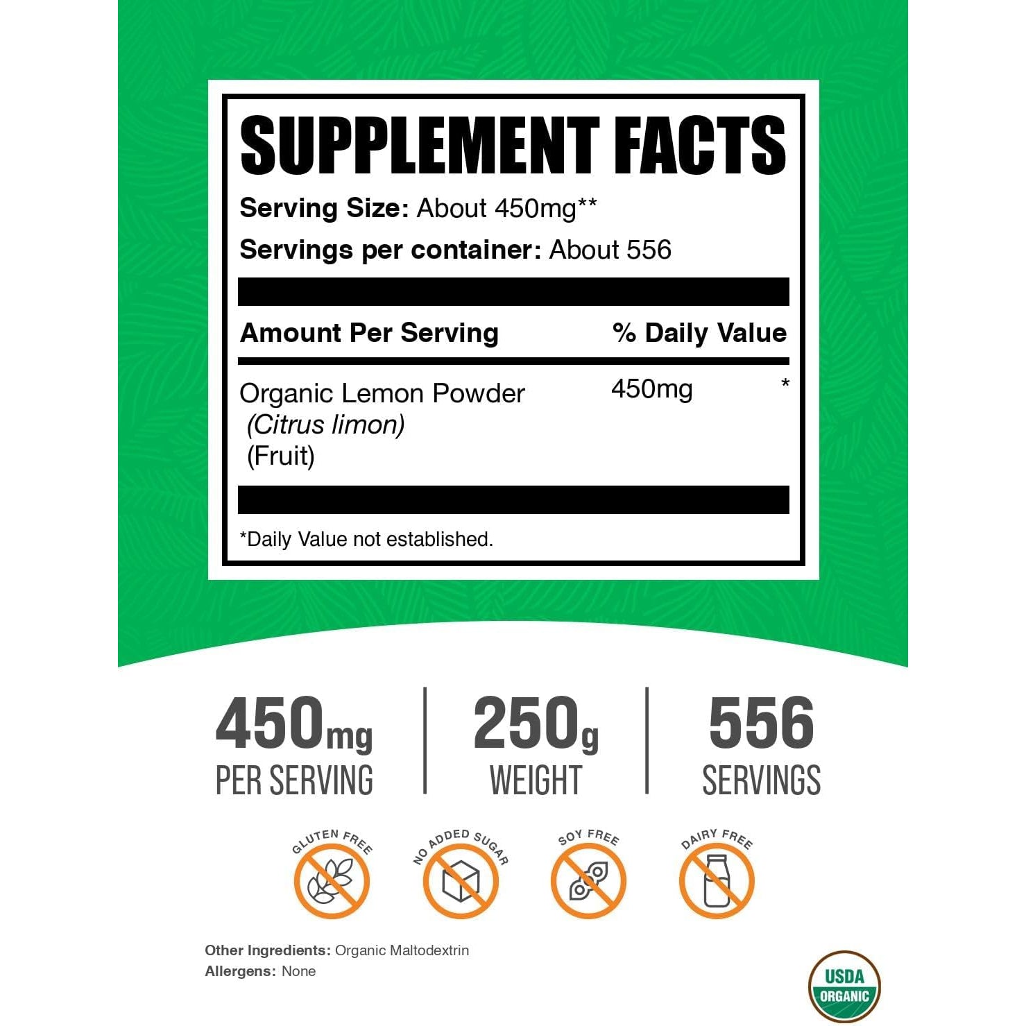 Bulksupplements.Com Organic Lemon Powder - Natural Vitamin C Source, Fruit Powder, Lemon Flavoring - Gluten Free, 450Mg per Serving, 250G (8.8 Oz) (Pack of 1)