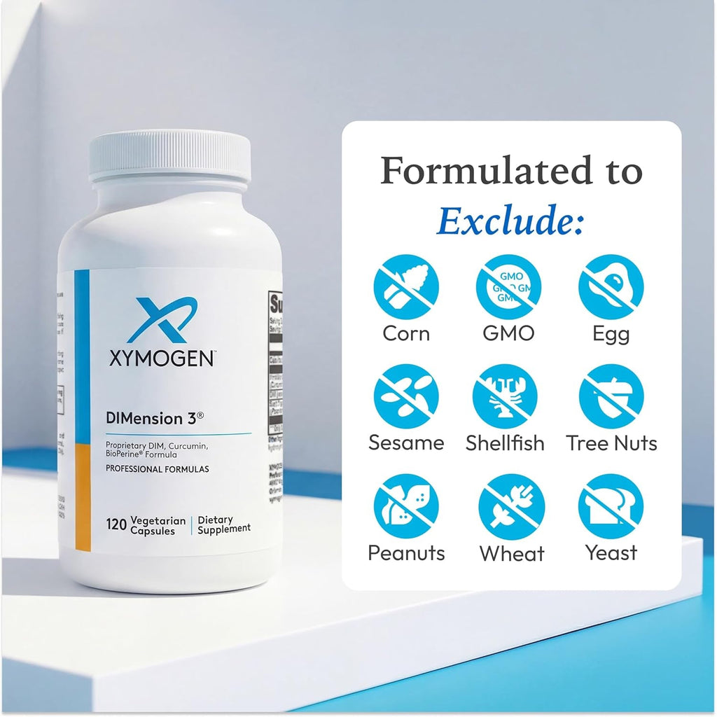 XYMOGEN Dimension 3 - DIM Supplement for Hormonal Balance & Estrogen Metabolism Support* - with Curcumin & Bioperine - Gluten-Free - 120 Capsules
