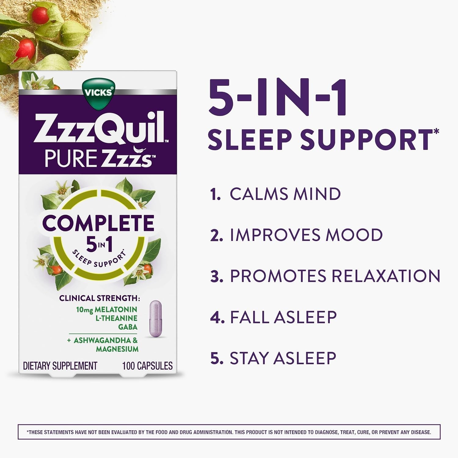 Zzzquil Pure Zzzs Complete Sleep, Melatonin 10Mg, L-Theanine, GABA, with Ashwagandha, and Magnesium, Melatonin Sleep Aid, 100 Count
