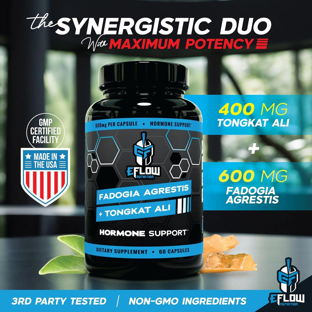 Eflow Nutrition Fadogia Agrestis + Tongkat Ali - [2-In-1] Natural Performance Supplement for Health and Wellness - Hormone, Energy, & Mood Support - Extract Powder (60 Capsules)