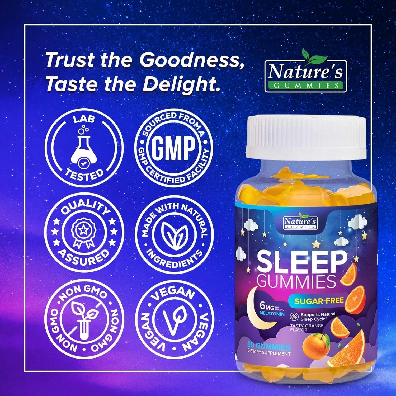 Sleep Gummies for Adults - Sugar Free Melatonin 6 MG per Serving Gummy Supplement - Natural Zero Sugar Sleeping Gummy for Adults & Kids, Orange Flavored, Extra Strength Sleep Support - 60 Gummies