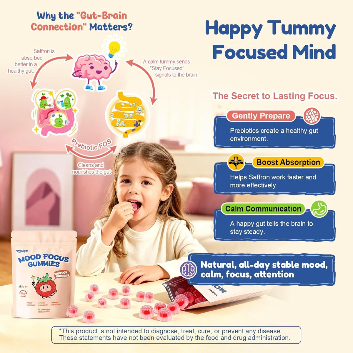 Kids Saffron Gummies: Mood Focus Support with Magnesium Glycinate, L-Theanine for Calm & Sleep, PS, Lion'S Mane, Choline Brain Support for School Concentration & Attention, Sugar Free, 90 Ct