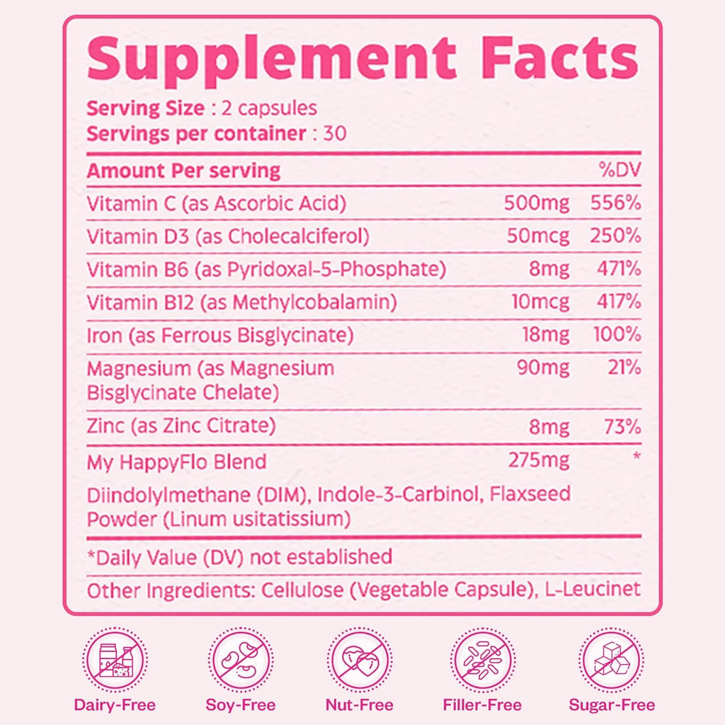 My Happy Flo Period Relief Supplement – Cramp Relief, Heavy Periods & Irregular Period Support, Bloating & Fibroid, Gentle Iron, DIM, Magnesium, Vitamin D3, Plant-Based PMS & Hormone Support | 60 Caps