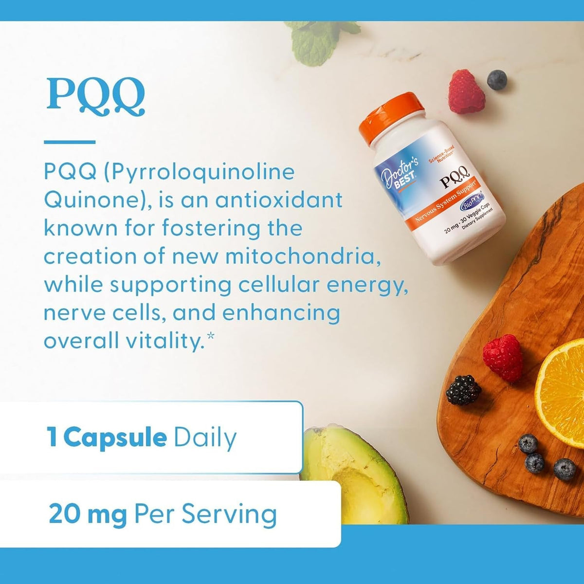 Doctor'S Best PQQ with Biopqq Supplement 20 Mg - Brain Health Support for Men & Women, Pyrroloquinoline Quinone Capsules, Daily Mitochondrial Function & Energy Support, Gluten Free, Vegan- 30 Veg Caps