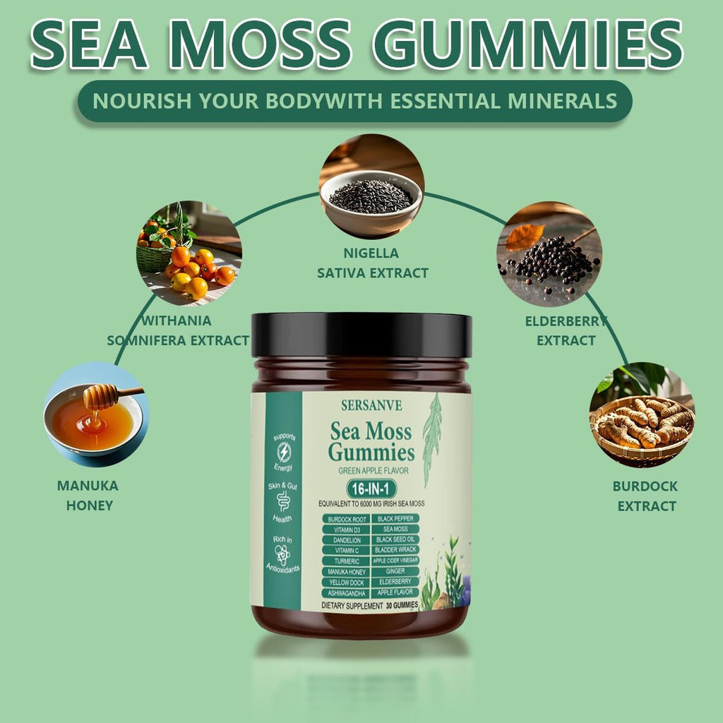 Sea Moss Gummies 16-In-1, with Black Seed Oil, Ashwagandha & Elderberry | Organic Irish Sea Moss Supplement for Men & Women | Daily Support with Manuka, Burdock Root & Vitamins C & D3, 30 Gummies