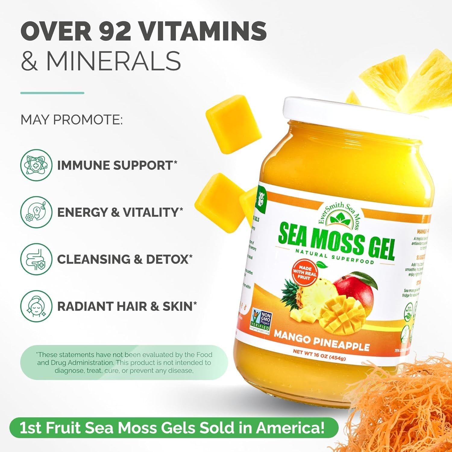 Eversmith Organics - Wildcrafted Irish Sea Moss Gel | Made in USA | Rich in Vitamins & Minerals | Sea Moss Gel Raw | Nutritional Supplement | Mango Pineapple (1 Jar)