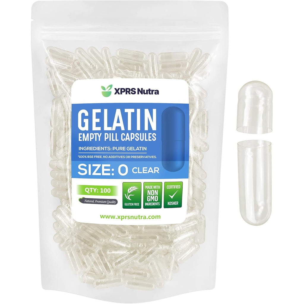 XPRS Nutra Size 0 Clear Empty Gelatin Capsules 100 Count - Kosher and Halal - Pure Gelatin Pill Capsule - DIY Powder Filling - Fillable Gel Caps for Do-It-Yourself Supplements