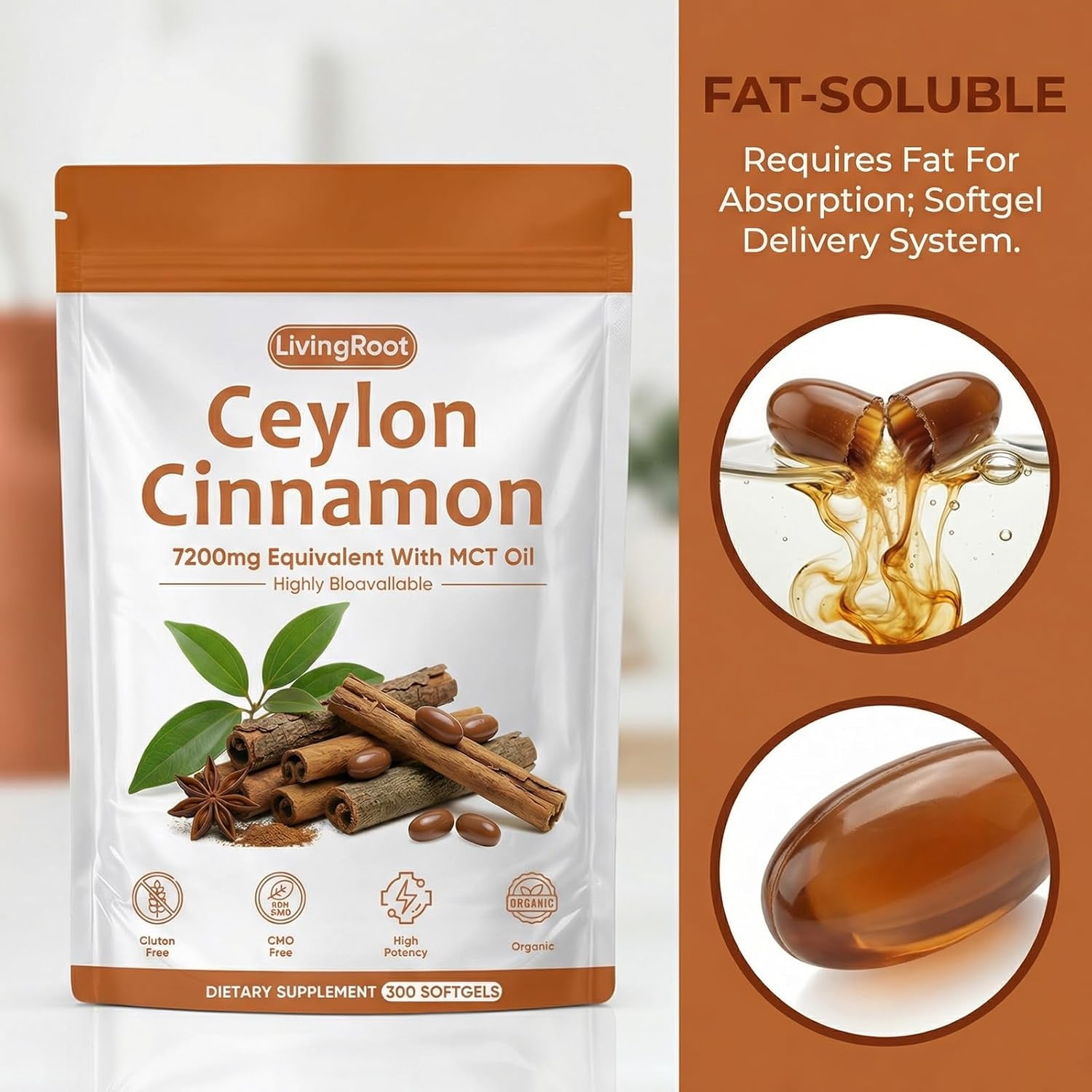 Living Root Ceylon Cinnamon - 300 Softgels 7200Mg Equivalent with MCT Oil, Livingroot Organic Ceylon Cinnamon Powder Supplement for Supports Metabolism, Liver Function & Energy (1)