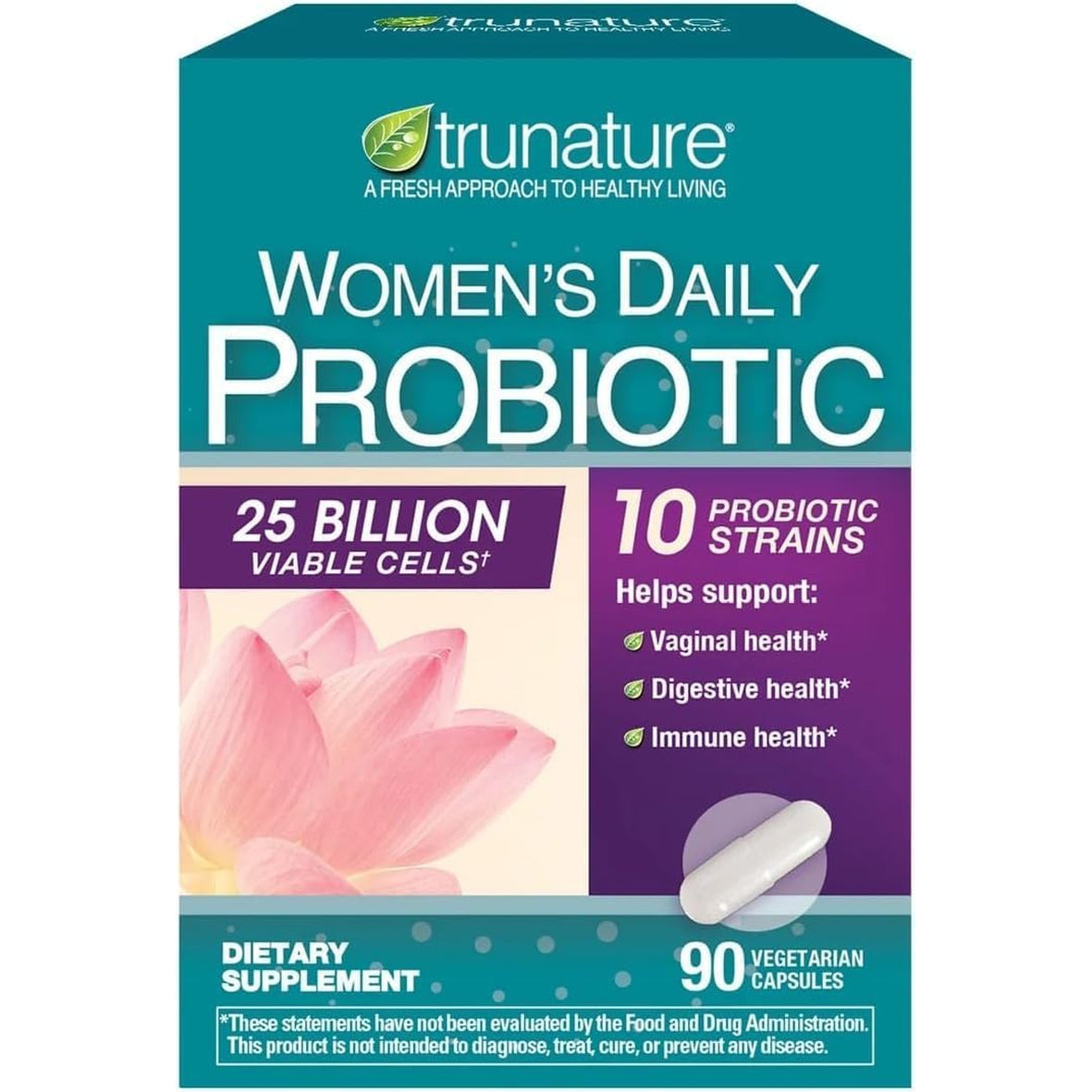 Trues N' Nature Women'S Daily PROBIOTIC 90 Capsules, 25 Billion Cells Vegetarian Probiotics for Digestive Health 90 Count, 90 Day Supply