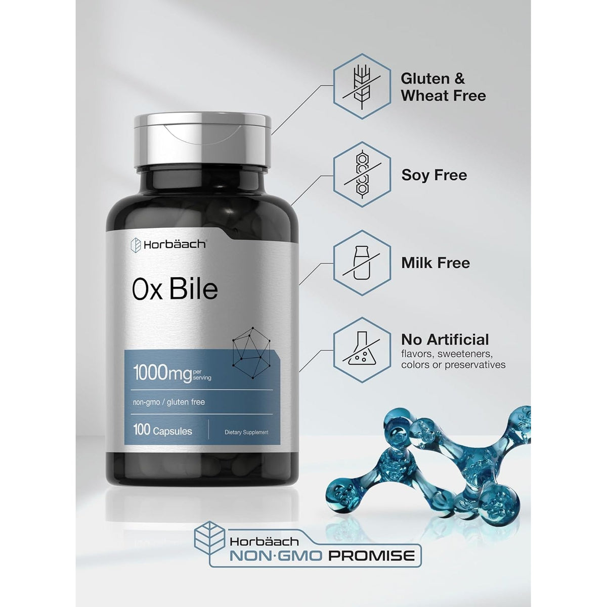 Horbäach Ox Bile Supplement | 1000Mg | 100 Capsules | Digestive Enzymes Supplement | Non-Gmo & Gluten Free
