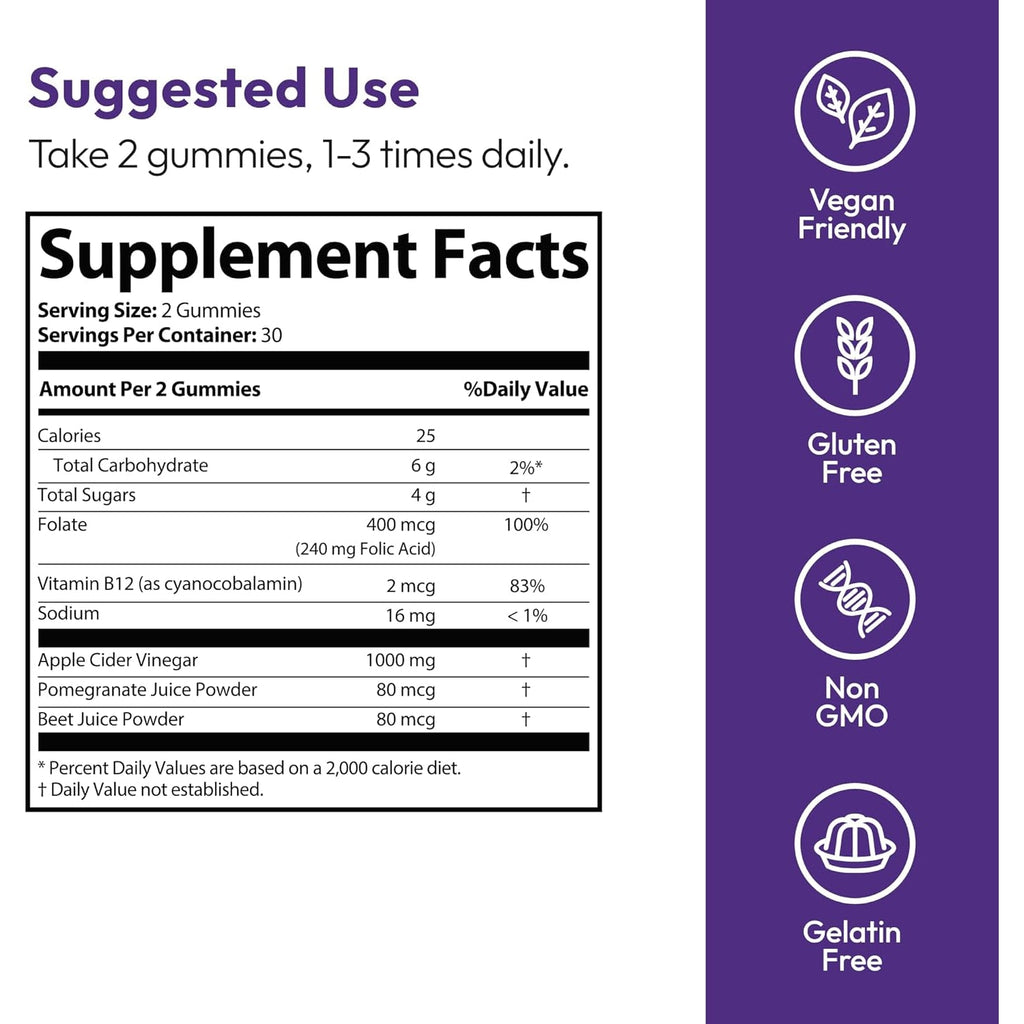 Justified Laboratories Ultra Quick Keto ACV Gummies (1000 Mg) - 60 Count - Formulated with Apple Cider Vinegar, Folate & Vitamin B12 - Non-Gmo, Vegan, Gluten Free - 30 Servings
