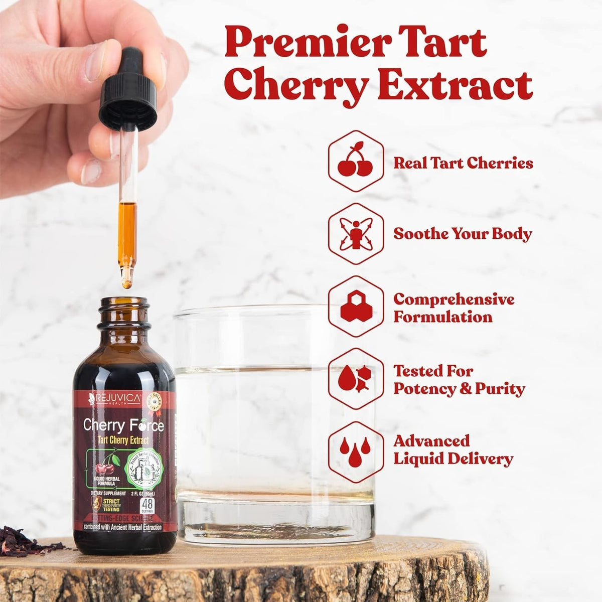 Rejuvica Health Cherry Force Montmorency Tart Cherry Liquid Drops 2 Fl Oz | Joint & Uric Acid Support | Helps with Inflammation, Sleep & Recovery | High Absorption Liquid Extract | Vegan Supplement