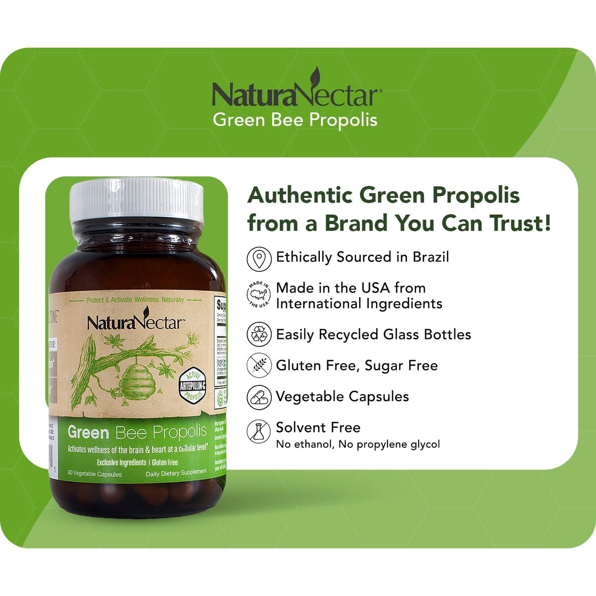Naturanectar - Green Bee Propolis Capsules - NSF Contents Certified Brazilian Green Propolis - Gluten-Free Propolis Supplements with Flavonoids - Naturally Sourced through Ethical Beekeeping (60Pcs.)
