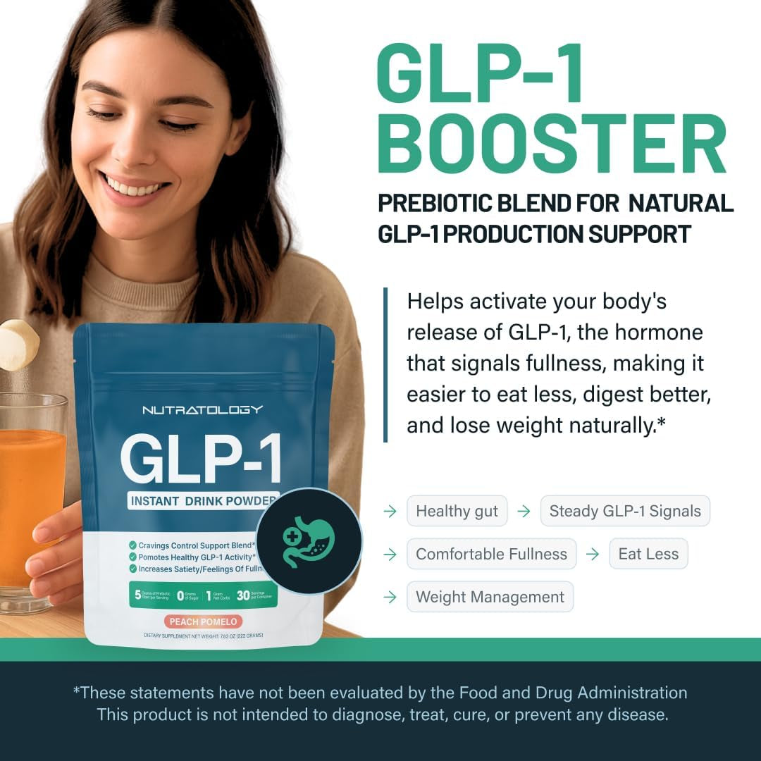 GLP-1 Booster | Control Cravings, Appetite Support & Gut Health | High in Fiber & Sugar-Free Drink Mix | GLP1 Supplements Weight Loss Women & Men | Peach Pomelo Flavor | Made in USA | 30 Servings
