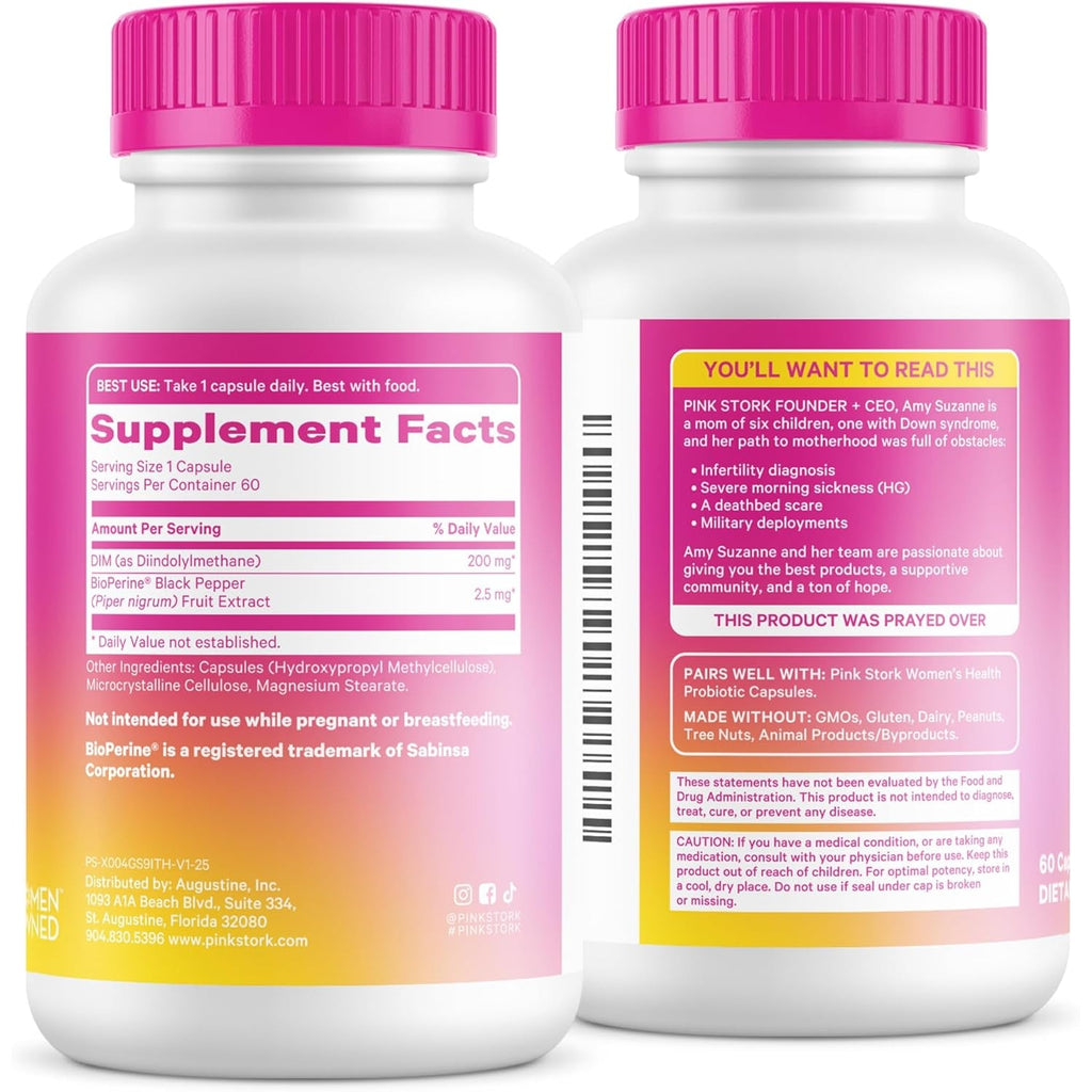 Pink Stork DIM Supplement for Women - Estrogen and Hormone Balance for Menopause, Perimenopause & PMS - DIM 200 Mg plus Bioperine for Mood Support - 60 Day Supply