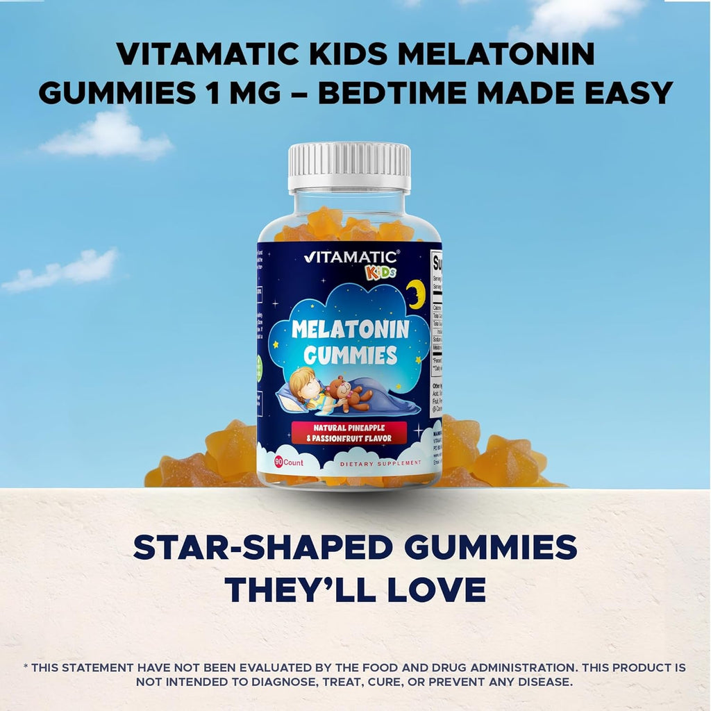 Vitamatic Sugar Free Kids Melatonin 1Mg, 90 Gummies, Pineapple & Passionfruit Flavored Gummies, 90 Days Supply