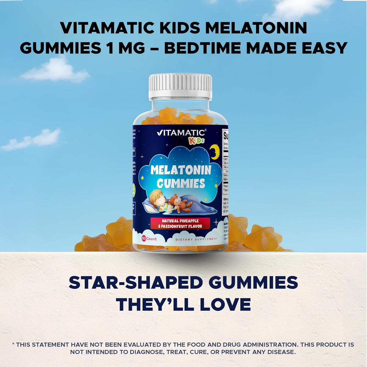 Vitamatic Sugar Free Kids Melatonin 1Mg, 90 Gummies, Pineapple & Passionfruit Flavored Gummies, 90 Days Supply