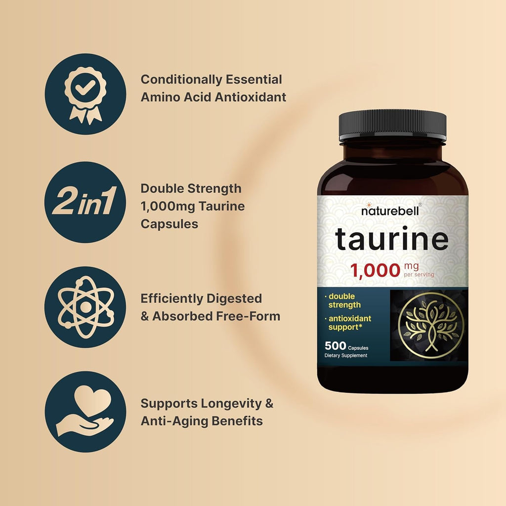 Naturebell Taurine 1,000Mg per Serving, 500 Capsules | Essential Amino Acids Supplement – Double Strength – Antioxidant Support for Heart, Muscle, Brain, & Liver Health – Non-Gmo, Gluten Free