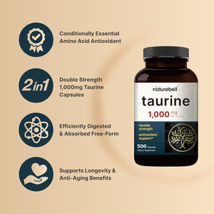 Naturebell Taurine 1,000Mg per Serving, 500 Capsules | Essential Amino Acids Supplement – Double Strength – Antioxidant Support for Heart, Muscle, Brain, & Liver Health – Non-Gmo, Gluten Free