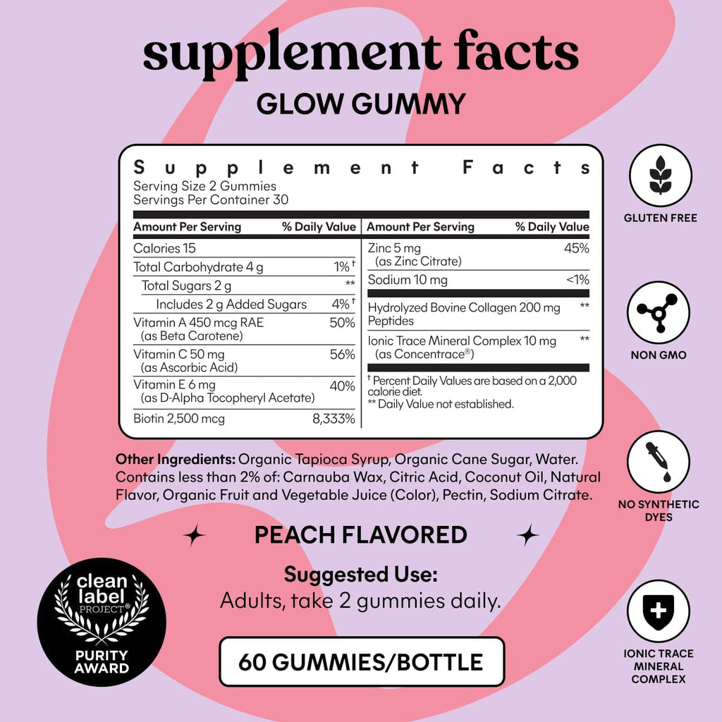 Lemme Glow Collagen Gummies for Thick Hair, Strong Nails & Healthy Skin with Multi-Collagen Peptides, Biotin, Trace Minerals, Zinc, Vitamins A, C & E, Dairy & Gluten Free, Peach Flavor, 60 Ct.