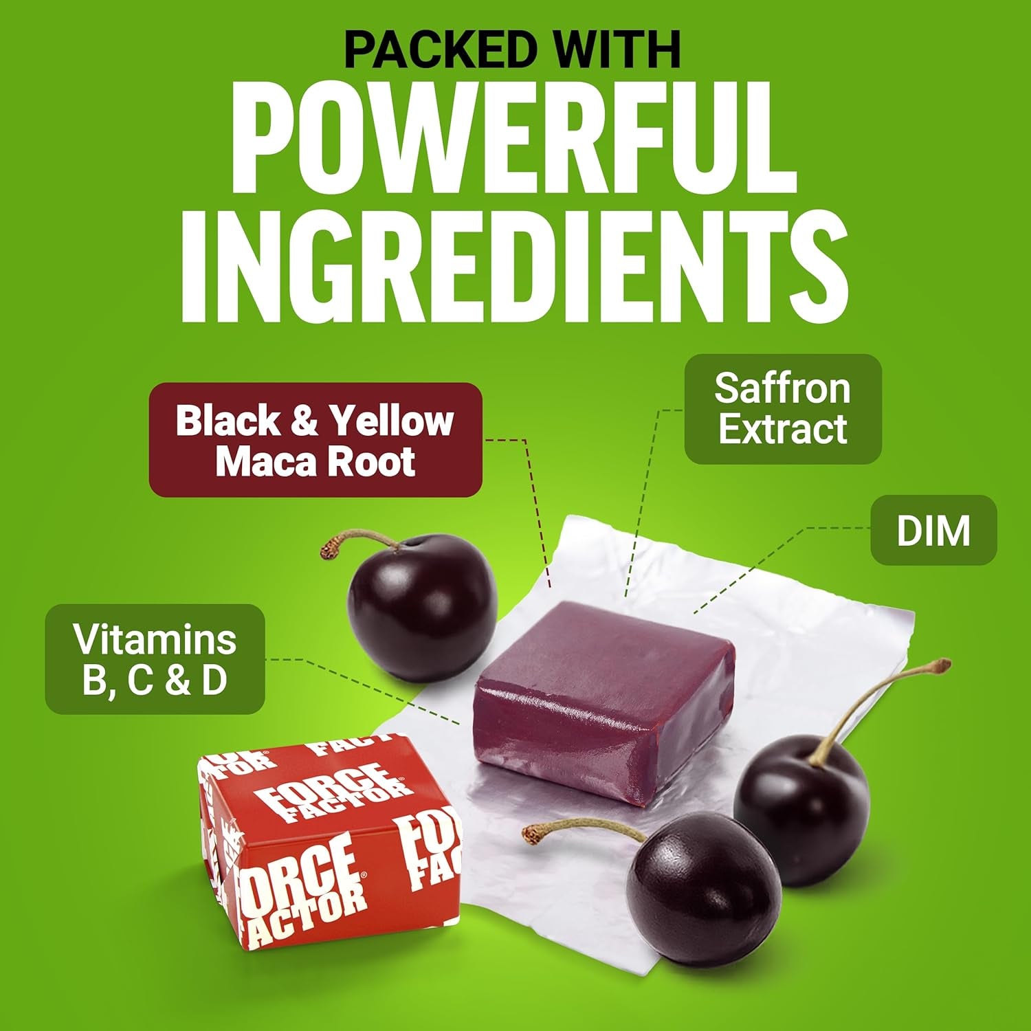 Force Factor Perfect Maca, Maca Root and DIM Supplement with Saffron to Boost Energy and Mood, with Yellow and Black Maca, Vitamins, Minerals, and Antioxidants, Dark Cherry Flavor, 60 Soft Chews