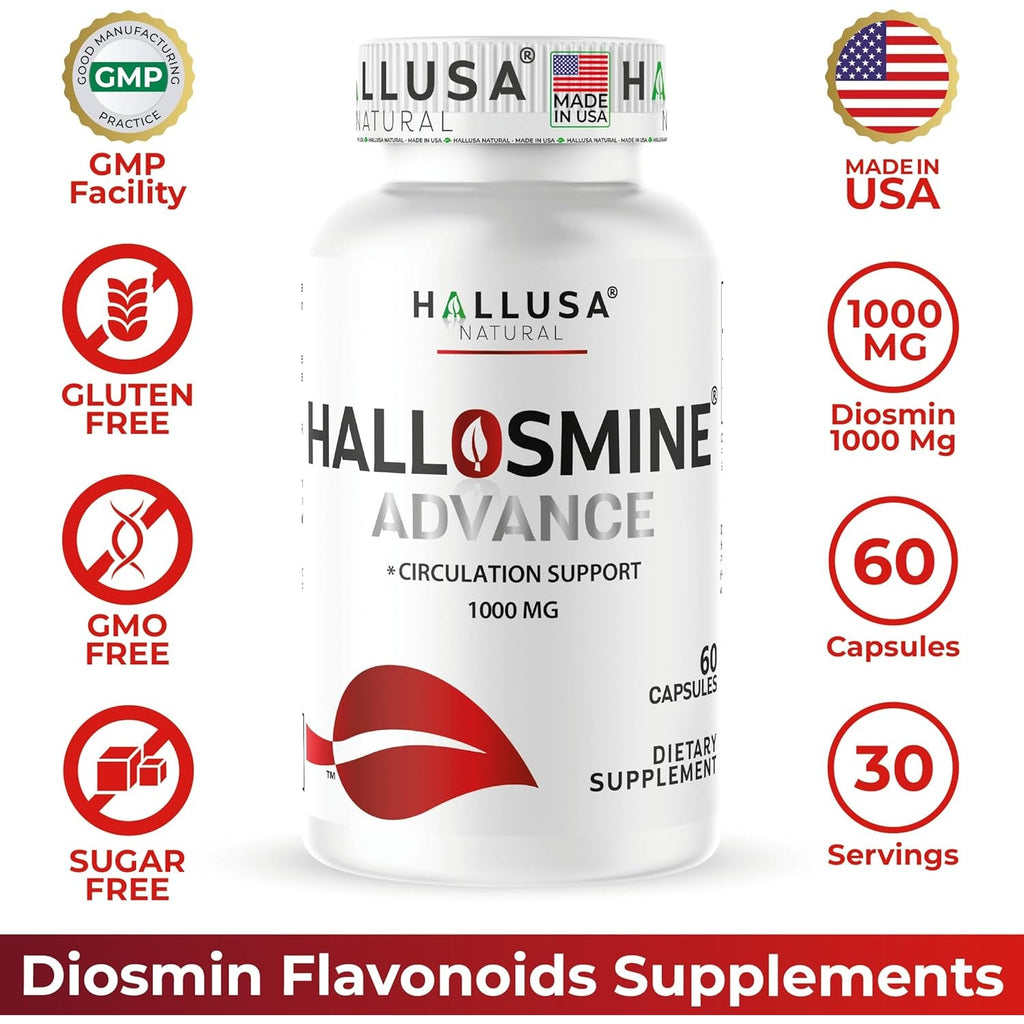 Hallosmine Advance 1000Mg Diosmin Capsules – Max Strength Circulation & Vein Support Supplement, Vascular Health, Visible Veins, Spider Veins, Blood Flow, Swelling & Heavy Legs, 60 Count