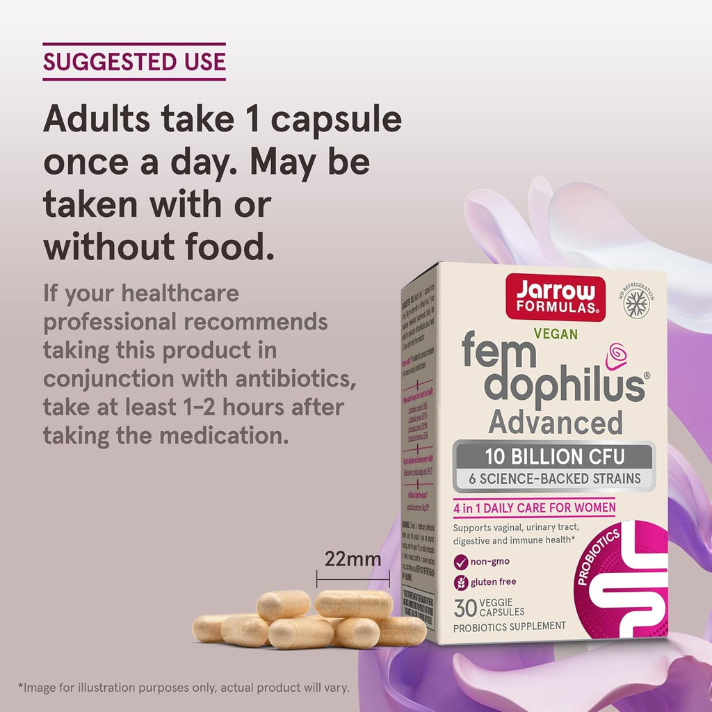 Jarrow Formulas Fem-Dophilus Advanced Vaginal & Digestive Probiotics 10 Billion CFU with 6 Science Backed Strains, for Vaginal, Urinary Tract, Digestive & Immune Support, 30 Capsules, Shelf-Stable