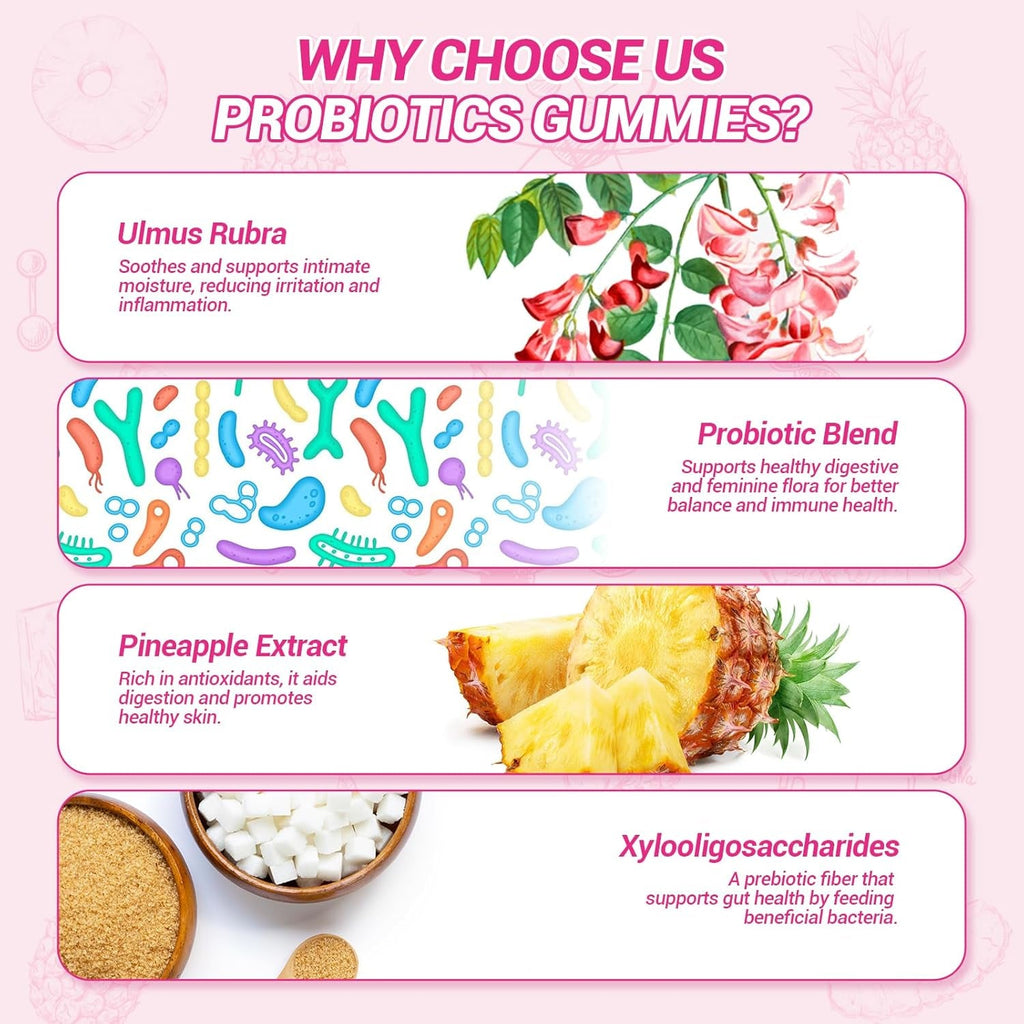 BURMINY Her Juicy Feminine Probiotics Gummies, Premium Feminine Balance Probiotics with Slippery Elm for Women'S Ph Balance and Freshness – Support Daily Wellness & Comfort 60 Pineapple Gummies