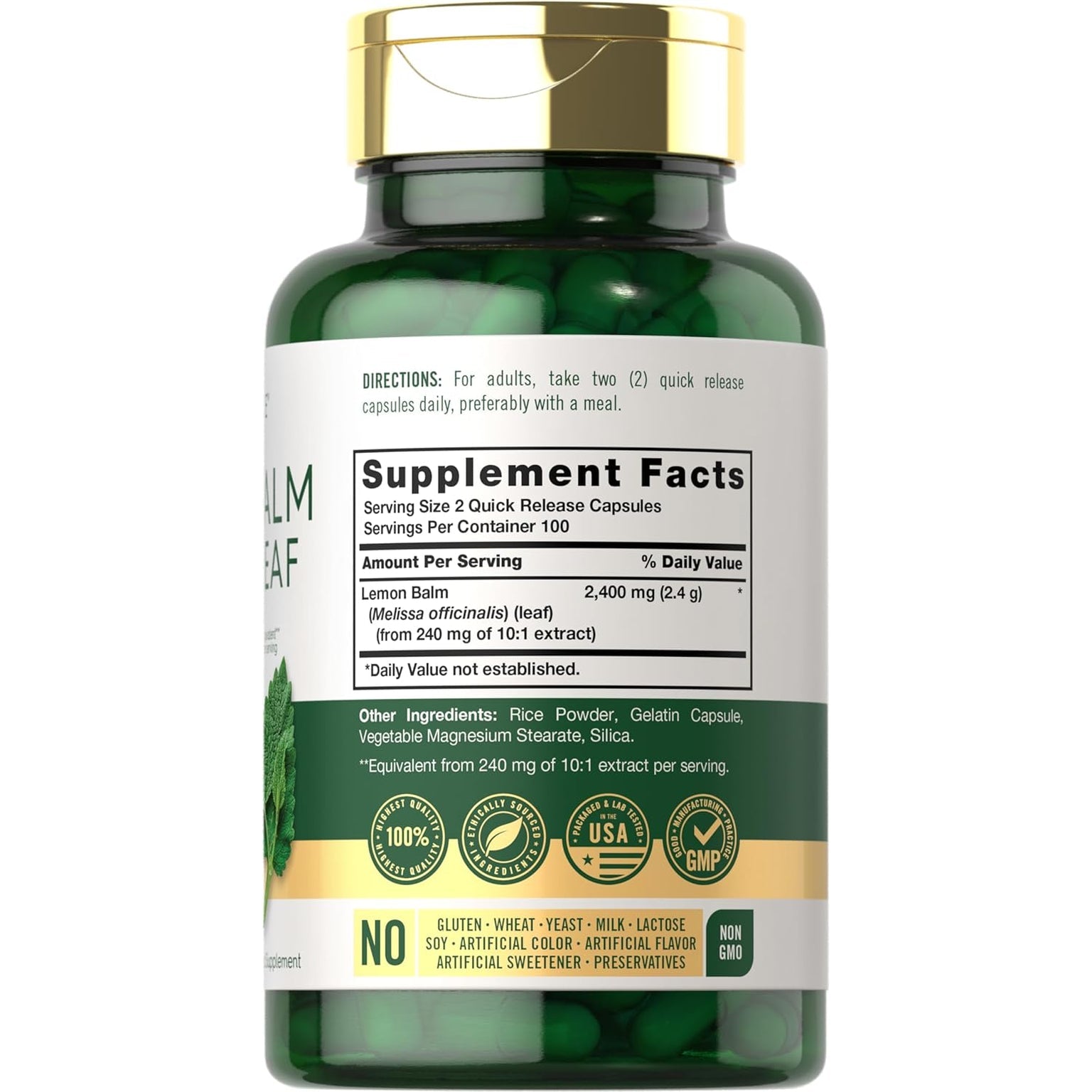 Carlyle Lemon Balm Capsules | 200 Count | Non-Gmo and Gluten Free Formula | Melissa Leaf Traditional Herbal Supplement | Super Concentrated Extract