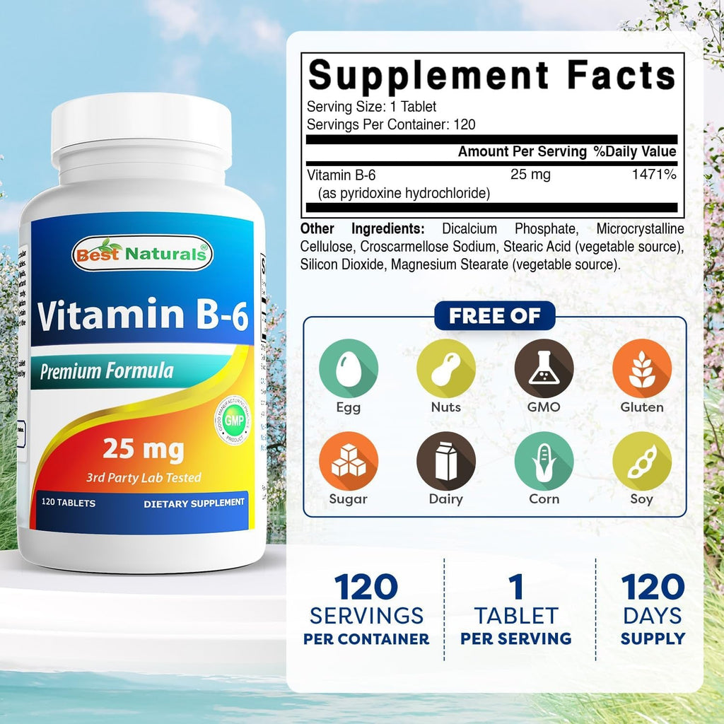 Best Naturals Vitamin B6 25Mg, 120 Tablets (120 Count (Pack of 1))