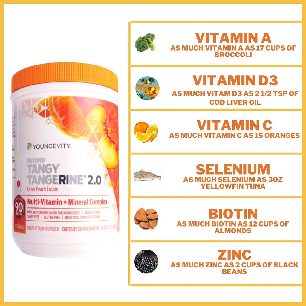 Youngevity beyond Tangy Tangerine 2.0 Citrus Peach Fusion Multi-Vitamin & Mineral Complex - Made with Natural & Whole Foods | 8,000 ORAC