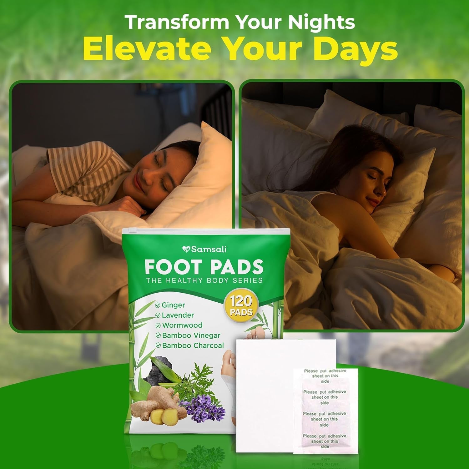 Ginger & Bamboo Vinegar Foot Pads: 120 Pack Natural Foot Pads with Bamboo Charcoal, Wormwood & Lavender for Adults and Elderly, Soothing Overnight Sleep Care