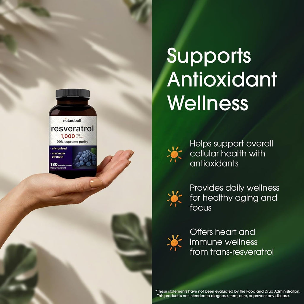 Naturebell Resveratrol - 180 Vegetarian Capsules - 1,000Mg Polygonum Cuspidatum Extract - Antioxidant Support - Heart, Brain & Immune Wellness*