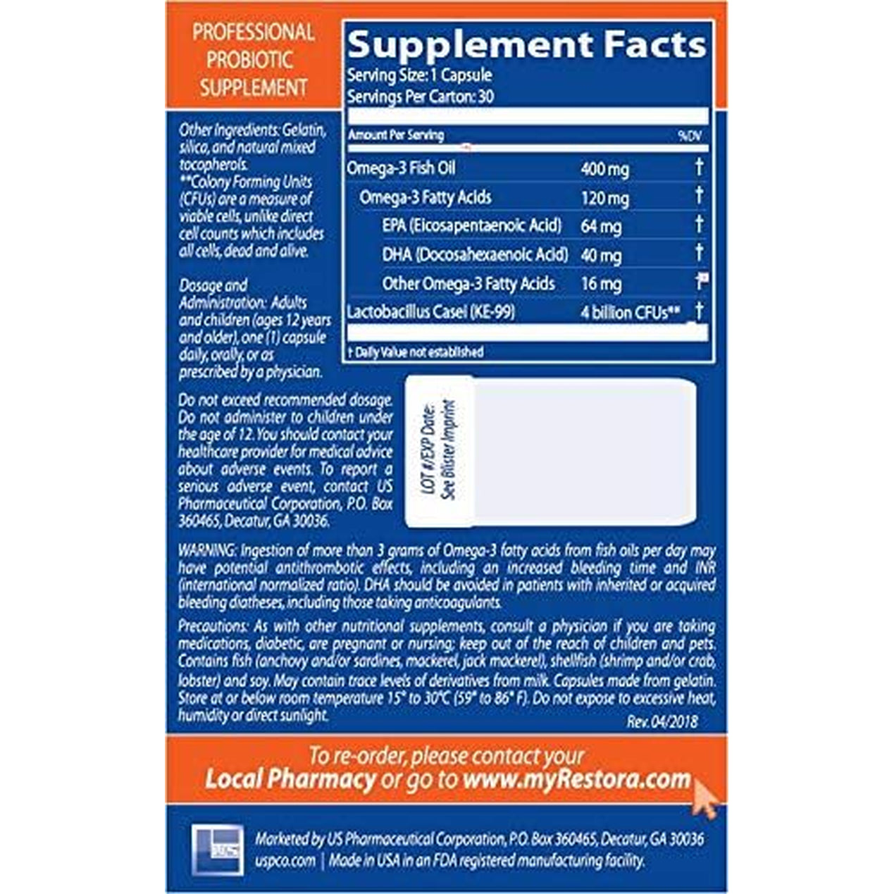 Restora Probiotic Supplement -Immunity Booster-Patented Probiotic W|Omega 3, Gut Health Stabilizer Increases Resistance to Infectious Diseases -Calms Inflammation