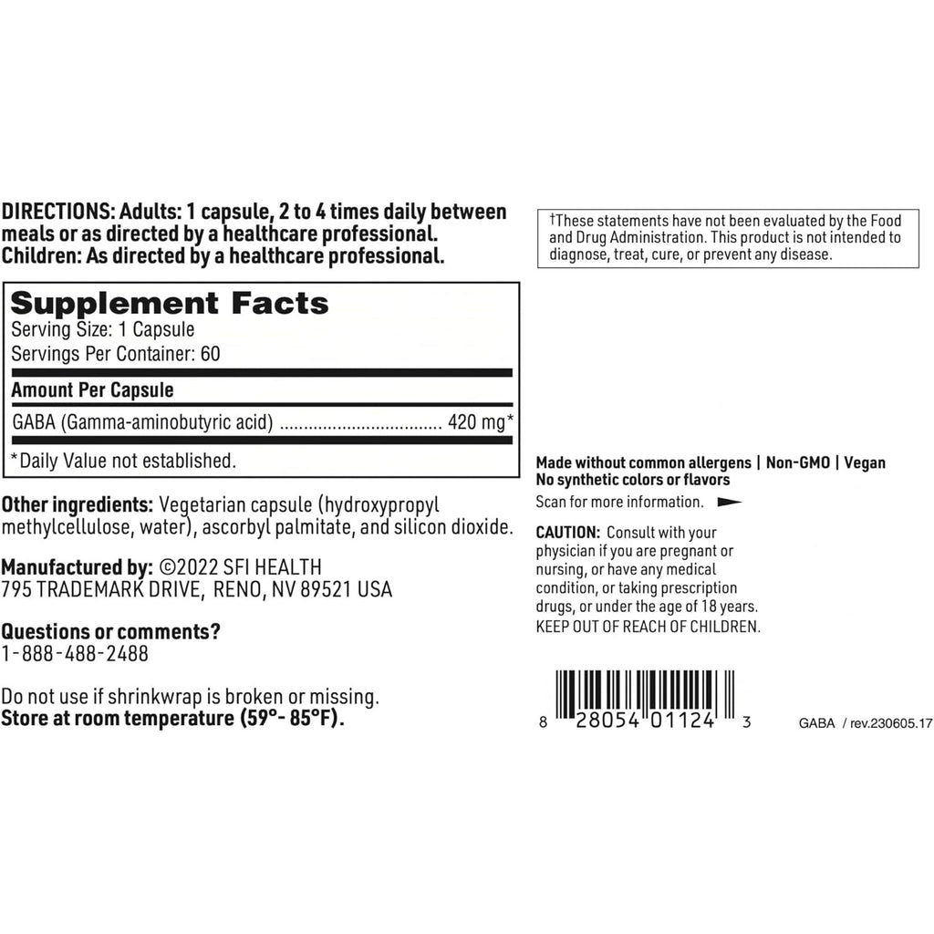 Klaire Labs SFI Health GABA - 420 Milligrams Gamma-Aminobutyric Acid, Neurotransmitter to Support Calm & Mood (60 Capsules)