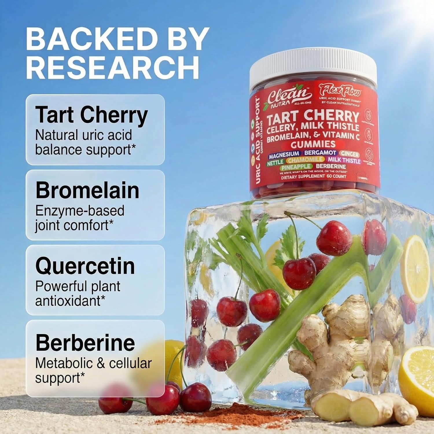 Clean Nutra Tart Cherry Gummies Uric Acid Flush Celery Milk Thistle Bromelain Vitamin C Magnesium Citrus Bergamot Ginger Stinging Nettle Leaf Chamomile Berberine Quercetin Support 60 Gummy Vitamins