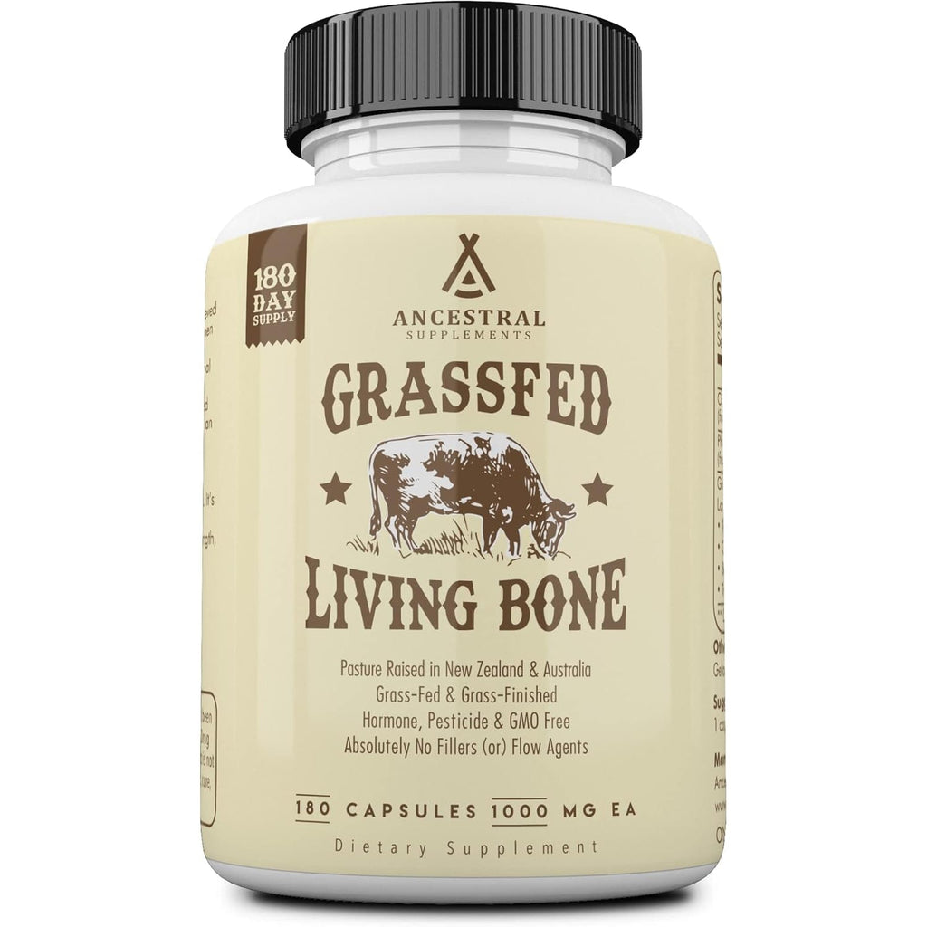 Ancestral Supplements Grass Fed Beef Living Bone Supplement, Bone Meal Capsules Support Bone Health, Oral and Joint Health and Flexibility, Non-Gmo, 180 Capsules
