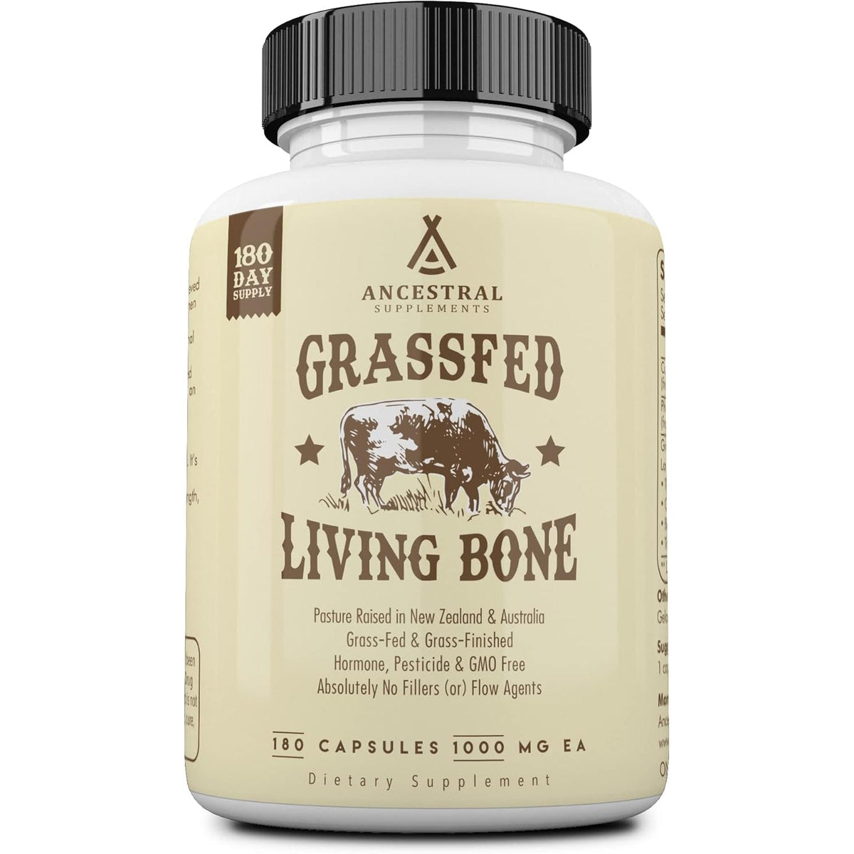 Ancestral Supplements Grass Fed Beef Living Bone Supplement, Bone Meal Capsules Support Bone Health, Oral and Joint Health and Flexibility, Non-Gmo, 180 Capsules