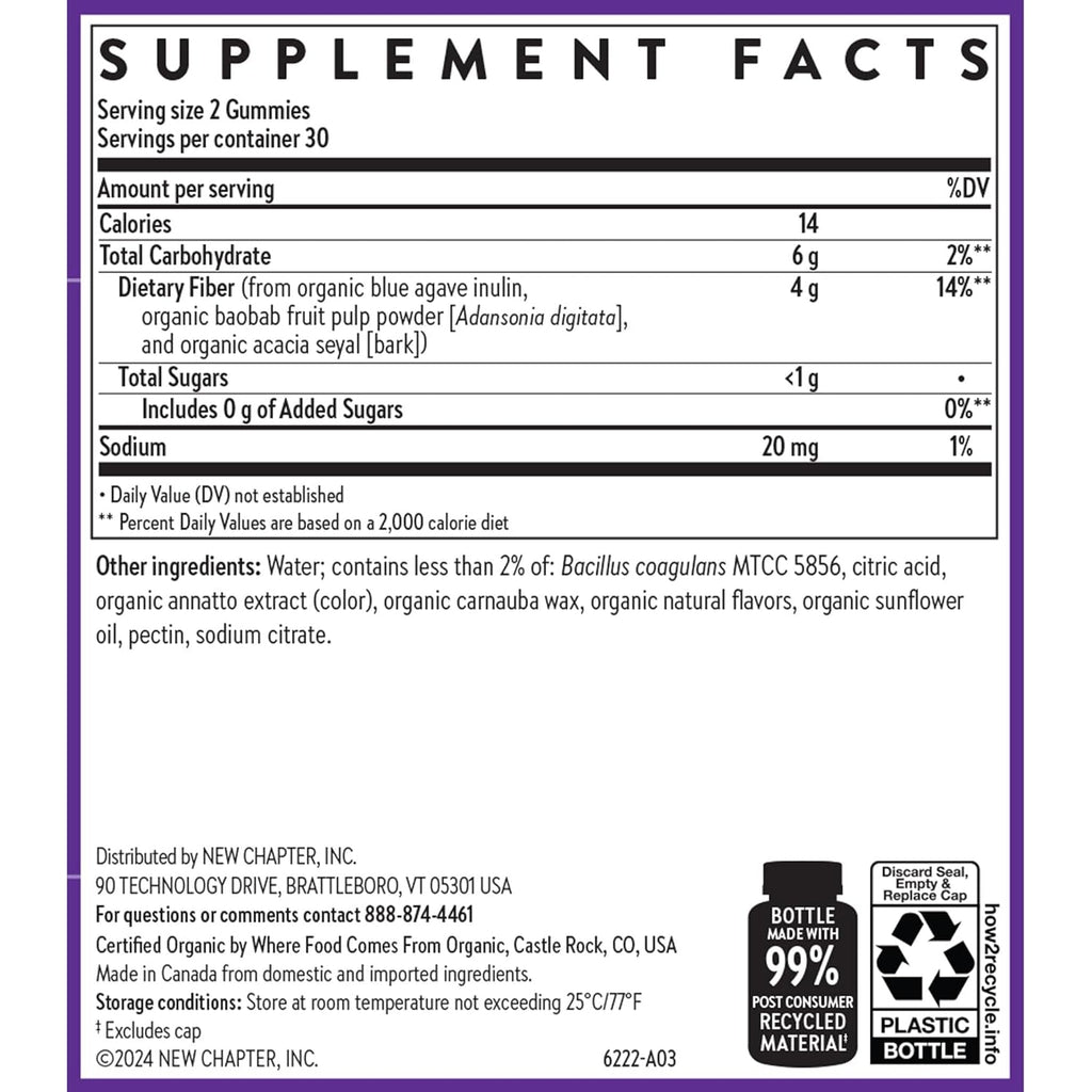 New Chapter Organic Fiber Gummies for Adults & Kids (Age 4+), Plant-Based Prebiotic Fiber for Digestive Health, Vegan, Non-Gmo, USDA Organic, Gluten Free, Citrus-Berry Flavored, 60 Ct