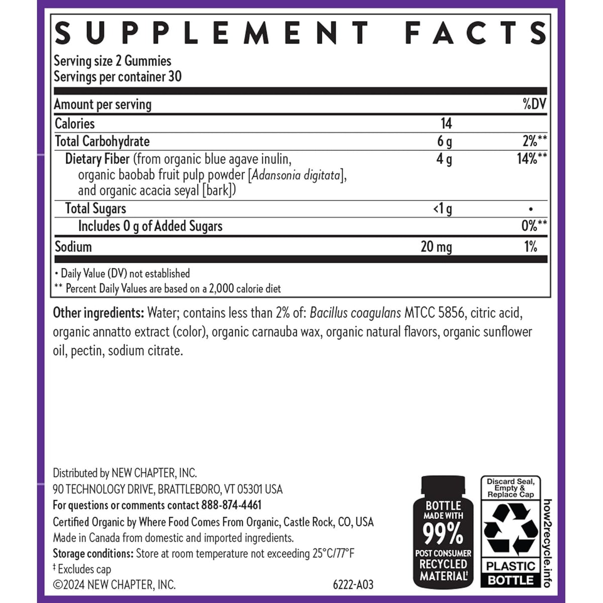 New Chapter Organic Fiber Gummies for Adults & Kids (Age 4+), Plant-Based Prebiotic Fiber for Digestive Health, Vegan, Non-Gmo, USDA Organic, Gluten Free, Citrus-Berry Flavored, 60 Ct