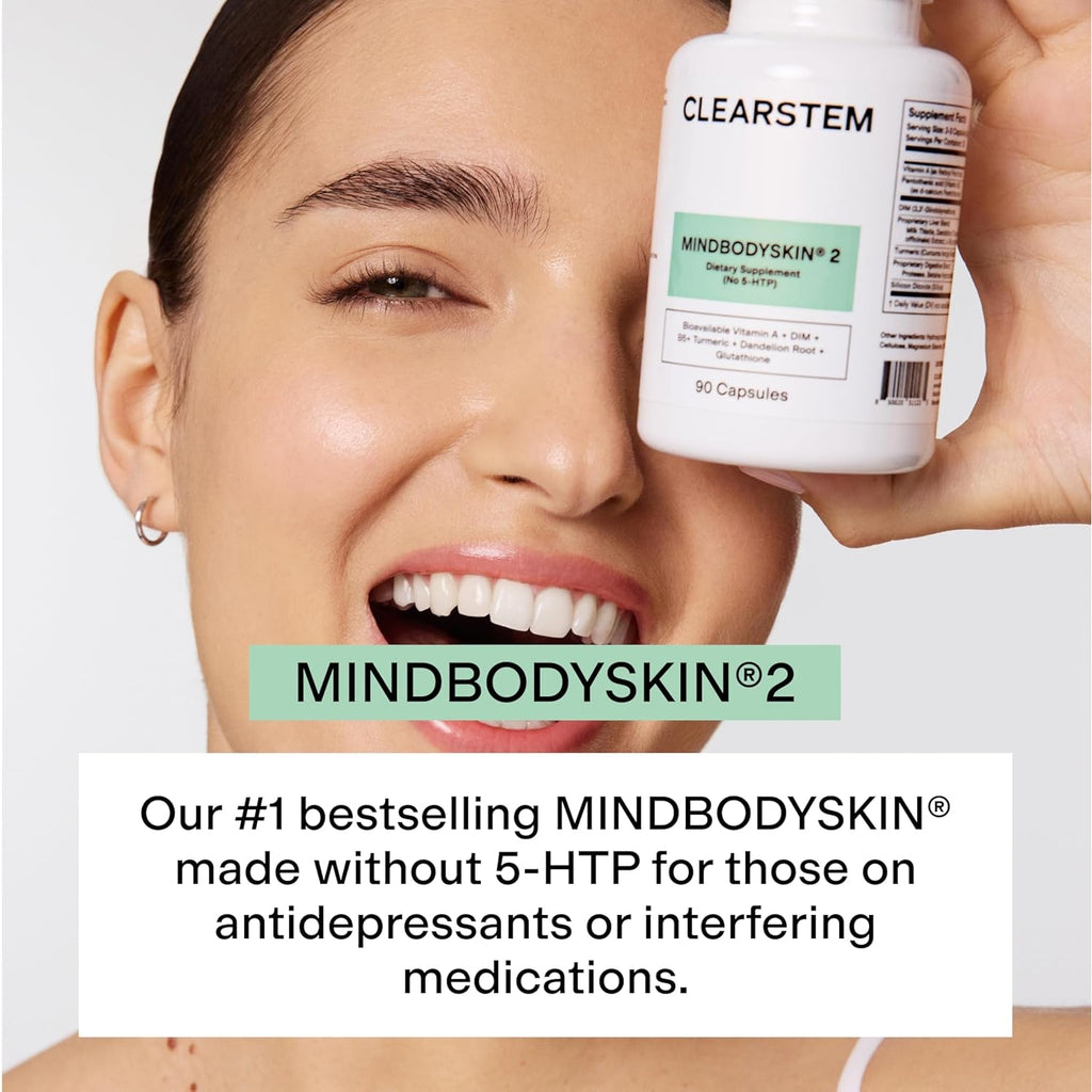 CLEARSTEM - MINDBODYSKIN Hormonal Acne Supplement (No 5-HTP) - Natural DIM Supplement - Skin Care Vitamins - Hormone Balance, Antioxidants - Gluten Free, Cruelty Free - 30 Servings, 90 Capsules
