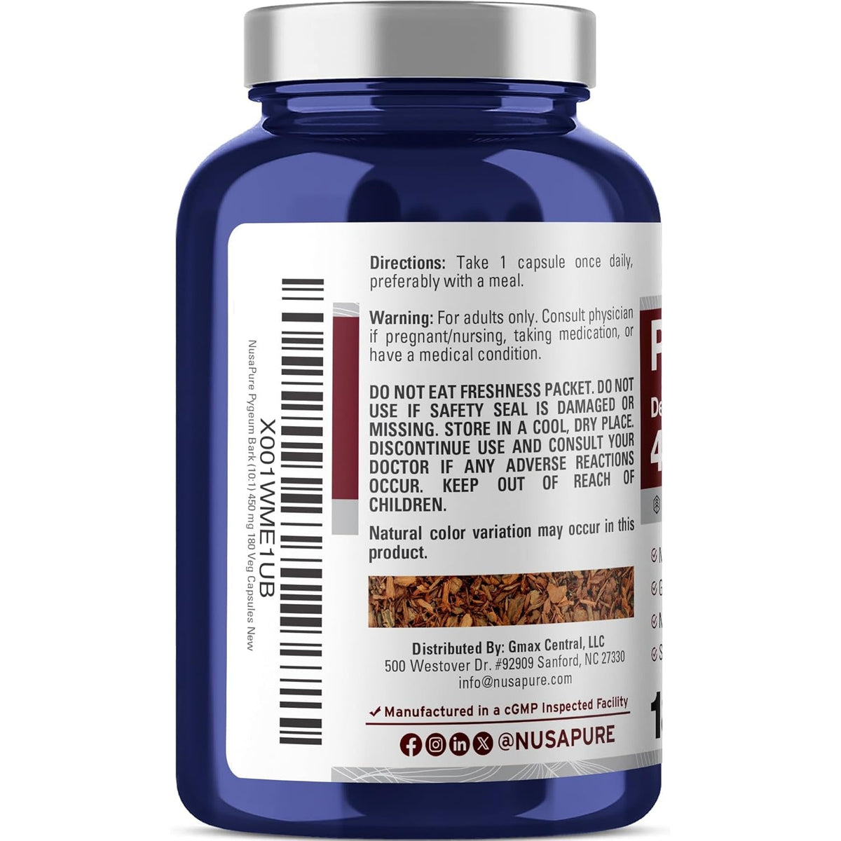 Nusapure Pygeum Bark Capsules, 450 Mg, 180 Veg Capsules (Non-Gmo, Vegan)