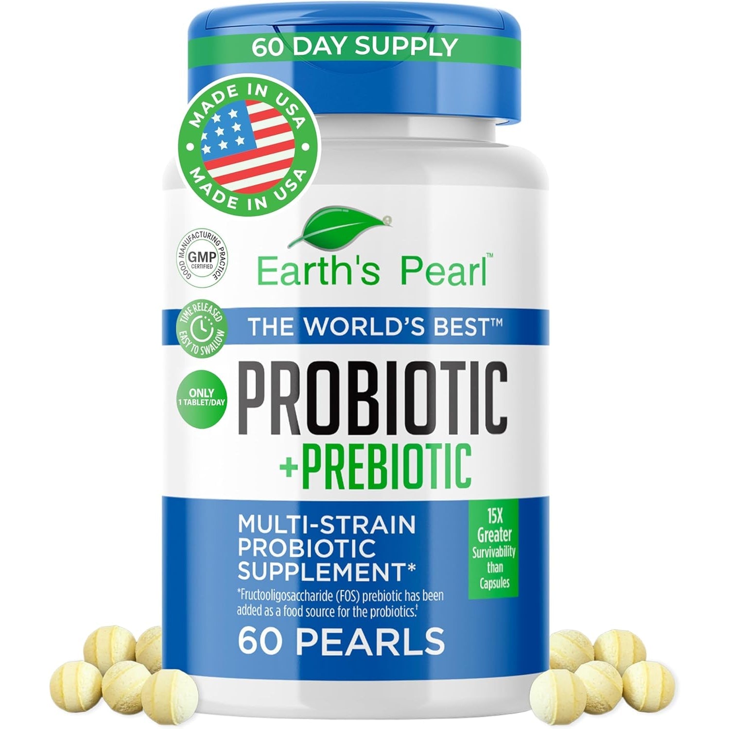 Earth'S Pearl Probiotics for Women & Men & Kids - Pearl-Shaped Probiotic & Prebiotics with Bio-Tract®, 4 Billion CFU, Gut Health Support (60-Day Supply)