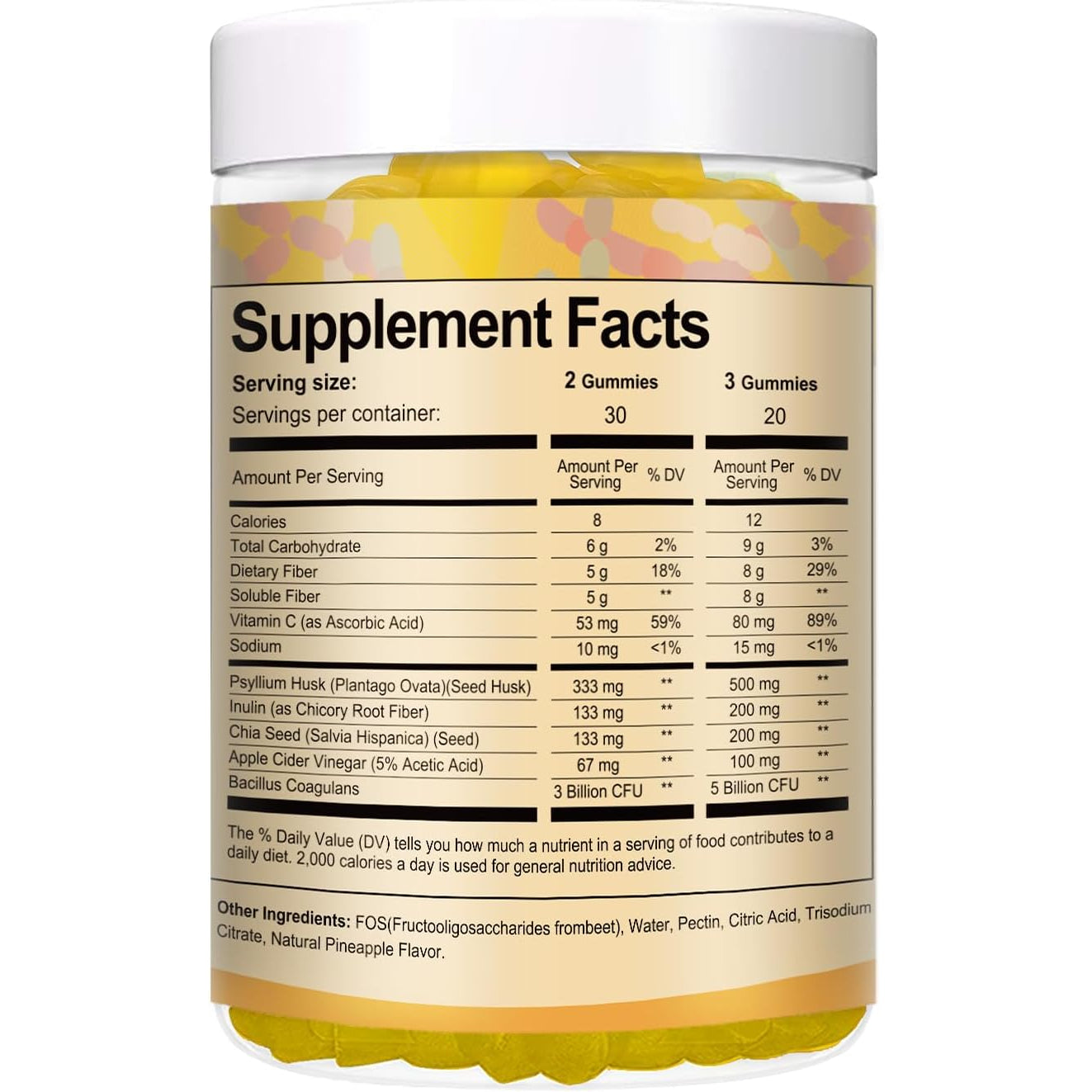 9-In-1 Probiotic Prebiotic Fiber Gummies for Adults & Teens, Fiber Supplement Pro with 5 Billion CFU Bacillus Coagulans, Psyllium Husk, FOS, Inulin, ACV for Digestion & Gut, 60 Vegan Pineapple Gummies