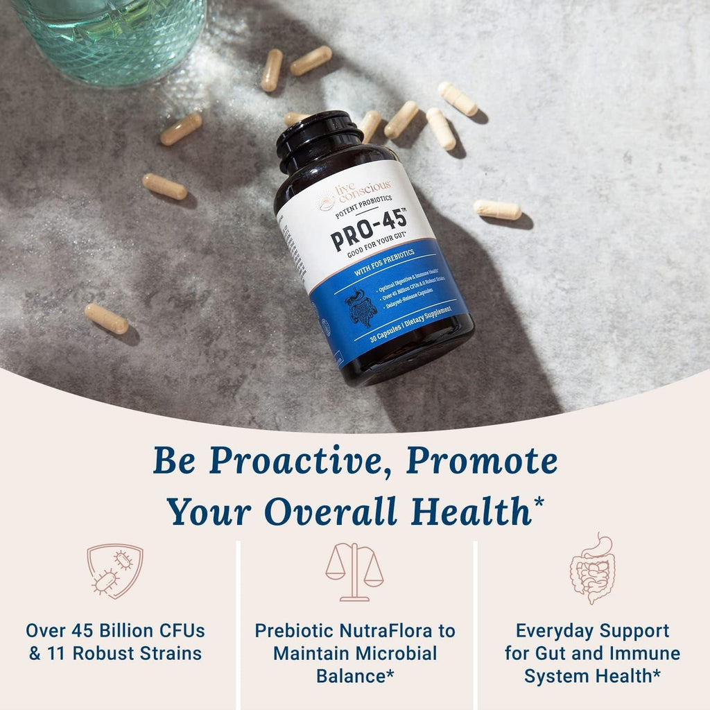 Live Conscious PRO45 Probiotics for Women & Men: Comprehensive Formula, 45 Billion CFU, 11 Strains, Dairy Free - W/Prebiotics and Probiotics - Promotes Immune & Gut Health - 30 Veggie Caps