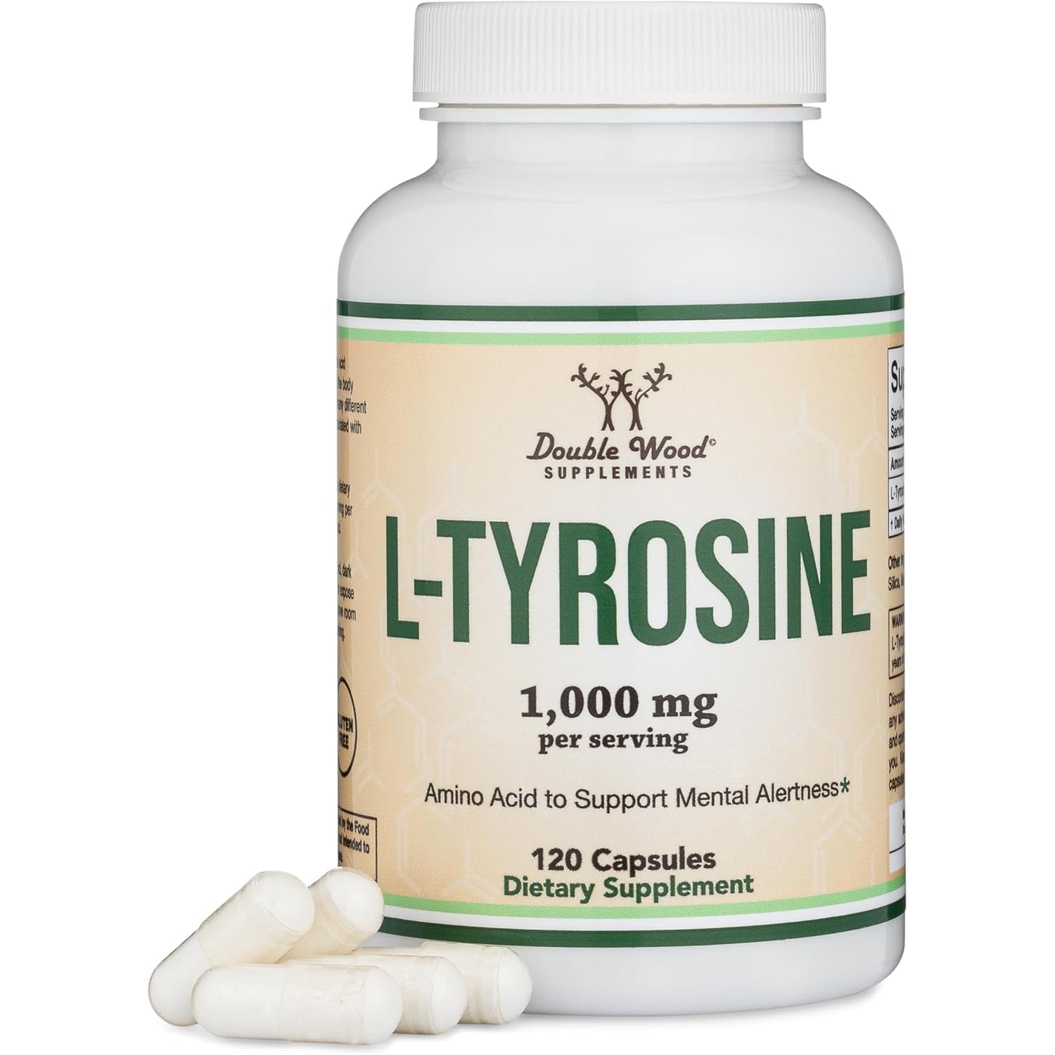 L-Tyrosine 1,000Mg per Serving, 120 Veggie Capsules (L Tyrosine Supplement for Memory, Attention, and Focus) Amino Acid, Vegan Safe, Non-Gmo by Double Wood